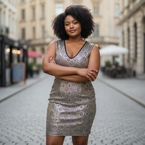 Eien USA Geometric Pattern Metallic Peplum‎ Dress